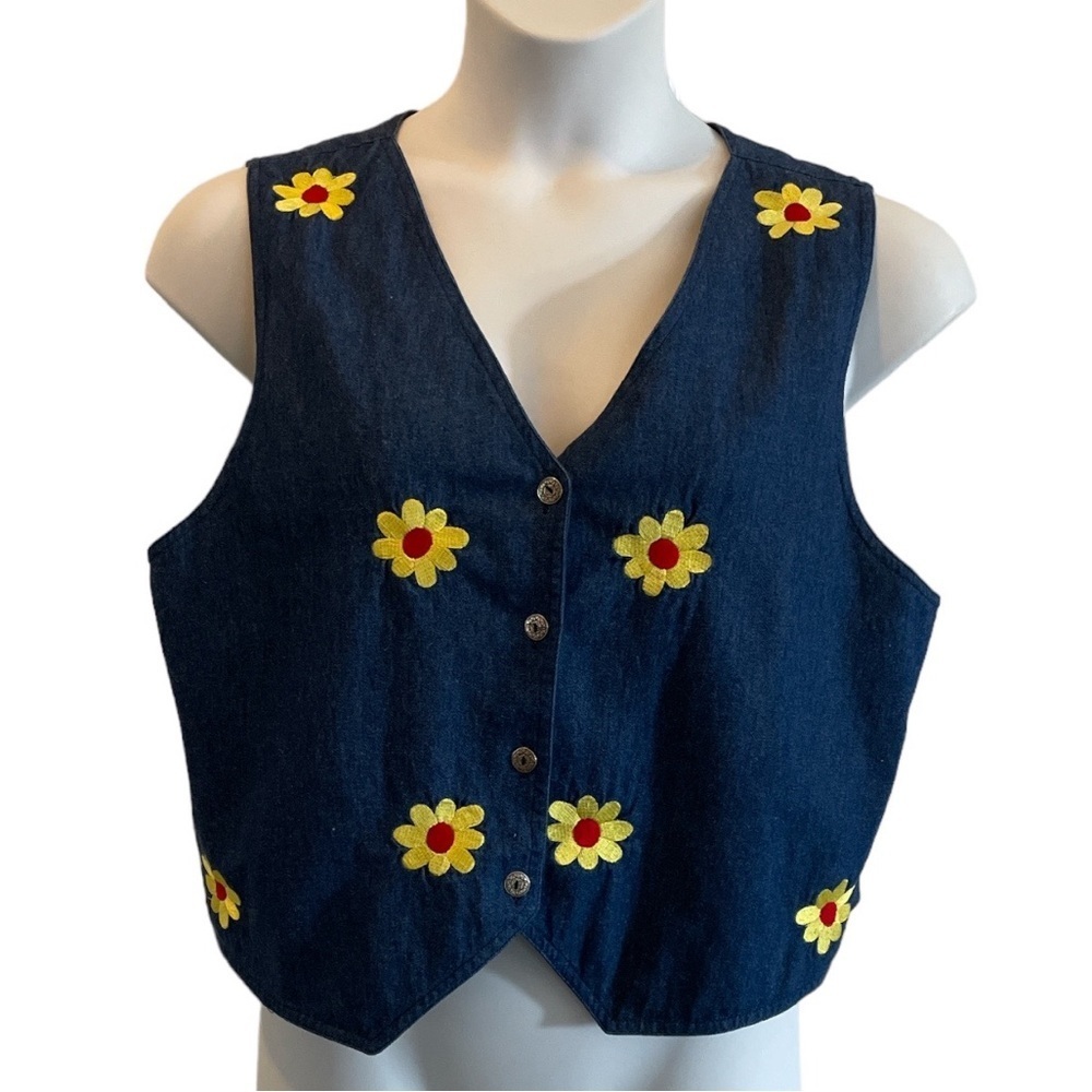 Vintage Sophia Rose Denim Daisy Embroidered Vest. Size XL